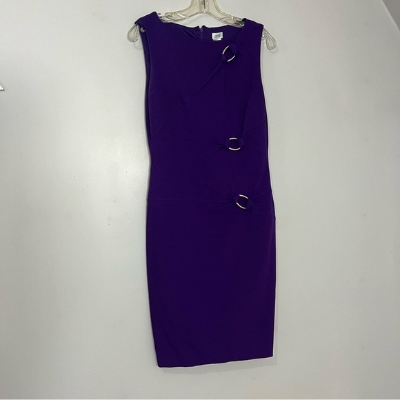 Vintage Cache Purple Ponte Knit Bodycon Dress Gold buckles business casual midi - Picture 8 of 11